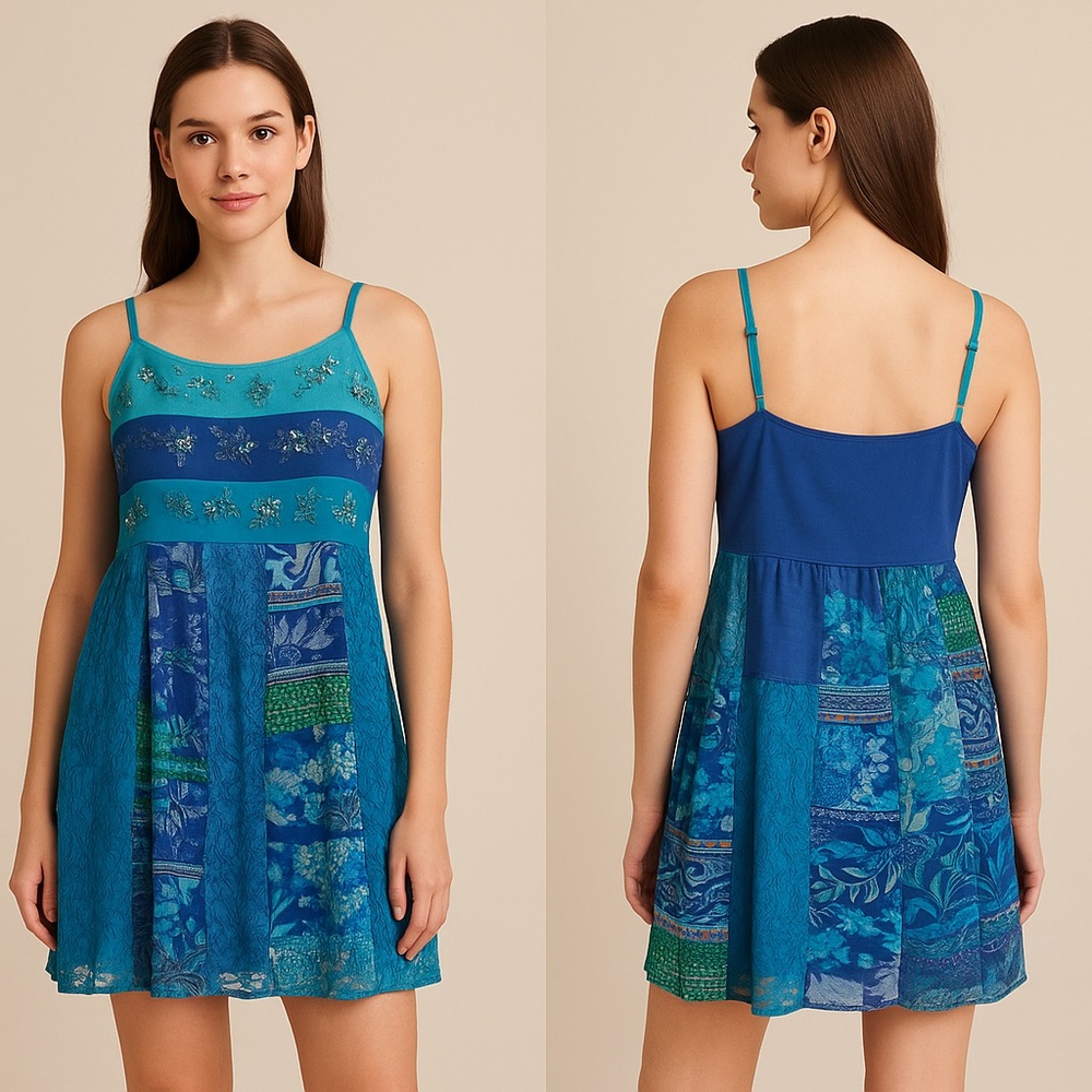 Caite Teal & Blue Boho Patchwork Embroidered Mini Dress Tunic – Size L